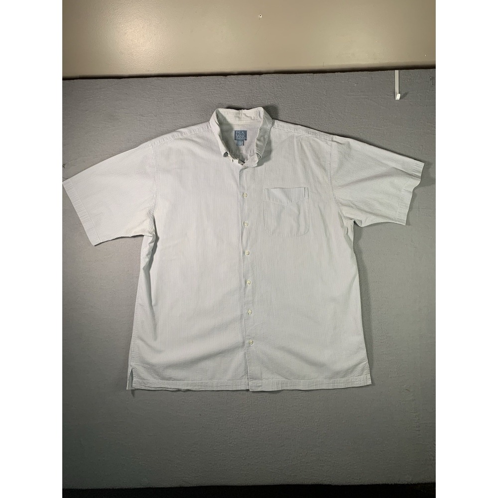 Men JoS. A. BANK Striped Seersucker Button Up Shirt White Blue Short Sleeve XL